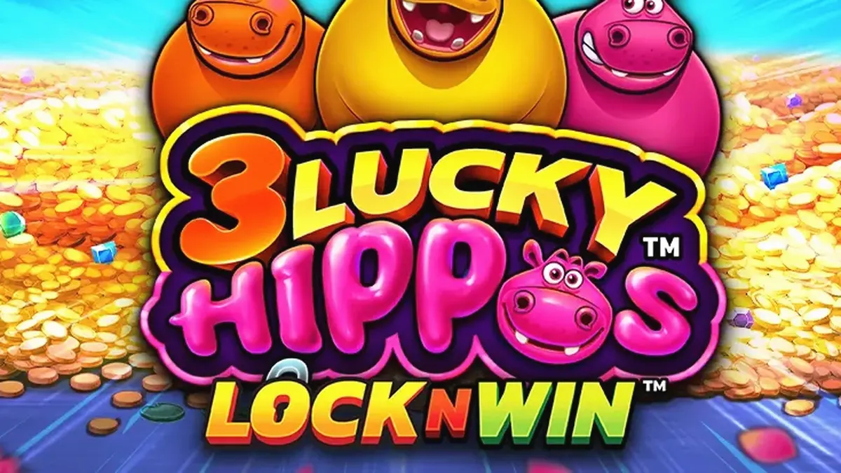 Tampilan visual game slot 3 Lucky Hippos dengan tema hewan yang ceria