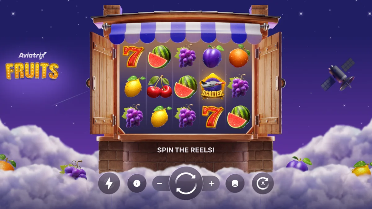 Tampilan visual permainan slot Aviatrix Fruits dengan elemen pesawat dan simbol buah klasik.